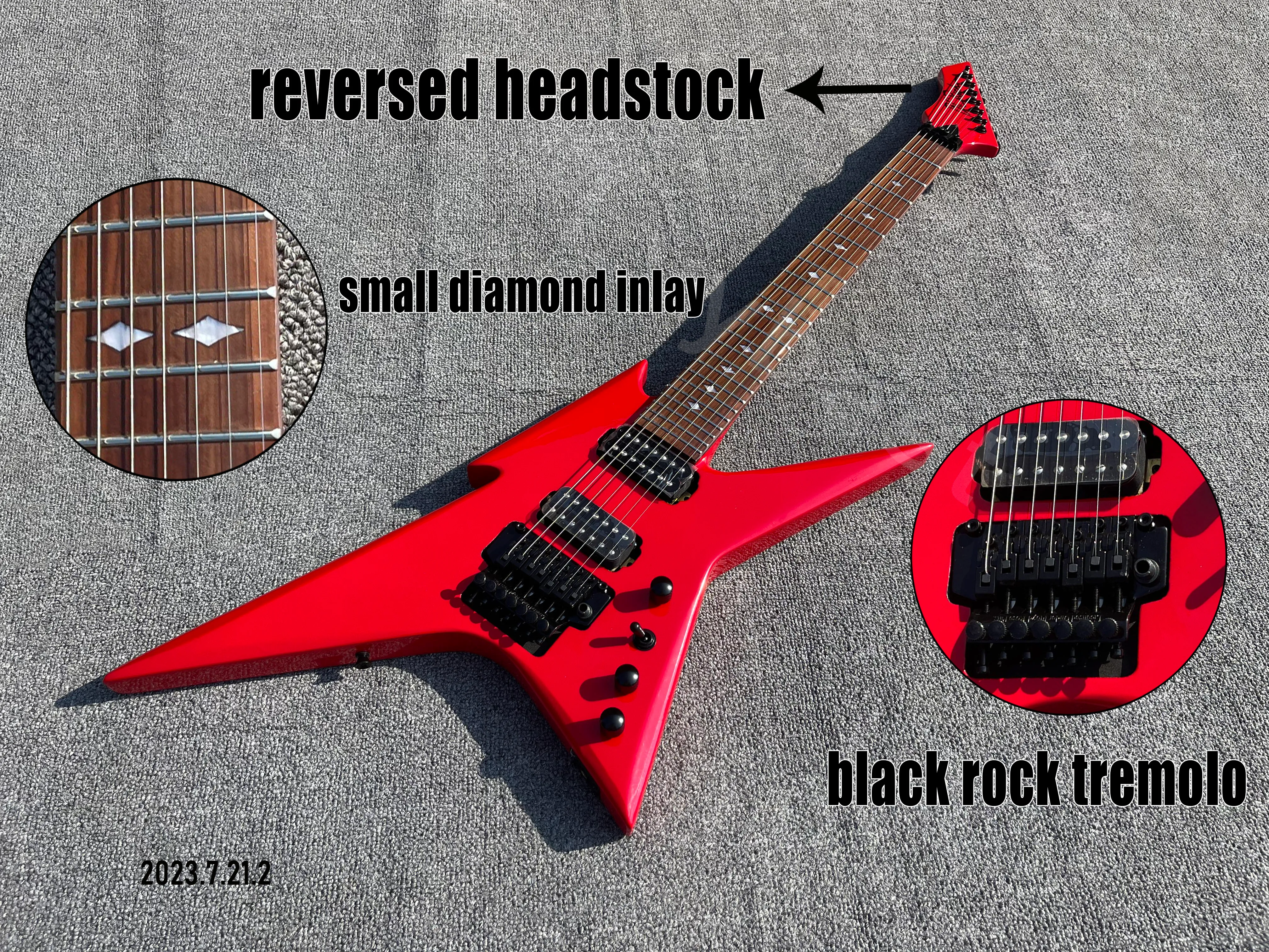 Guitare électrique à 7 cordes, couleur rouge massif, micros HH, poupée inversée, touche en palissandre, petite incrustation de diamant, trémolo rock