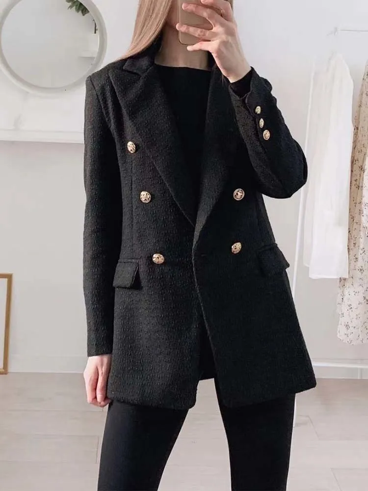 Kobiety damskie Blazer Blazer Women Traf Fashion Metal podwójnie piersi wełniany płaszcz Vintage długi rękaw żeńskie eleganckie topy 230904