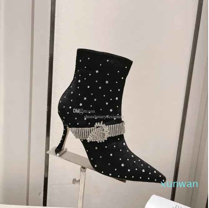 Top quality Crystal Rhinestones Ankle Boots Pointed toe Stiletto heels women's luxury designer Leather sole Booties Dress Evening shoes factory footwear Size