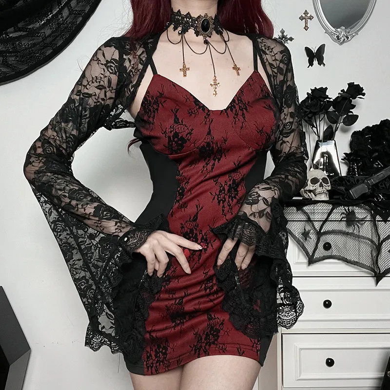 Vestidos casuales basicos Vestido gotico Estilo de primavera y verano Hipster Chica picante Vestidos de mujer con cuello halter con estampado oscuro