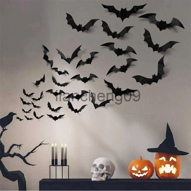 Décoration de fête 24/48pcs Halloween décoration 3D noir PVC chauve-souris Halloween fête bricolage décor bar salle Halloween fête effrayant décos accessoires x0905