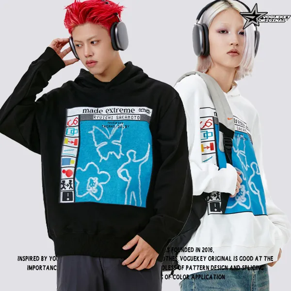 Hoodie Streetwear Abstract Graphic Print Hooded Sweatshirt Harajuku Punk Goth Pullover 2023 Fashion Loose Hoodies Tops