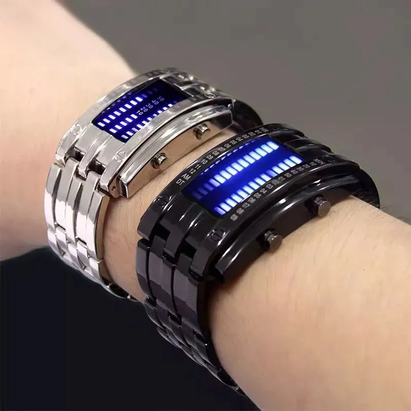 손목 시계 남성 여성 미래 기술 바이너리 블랙 스테인리스 스틸 커플 시계 날짜 디지털 LED 팔찌 스포츠 시계 230905