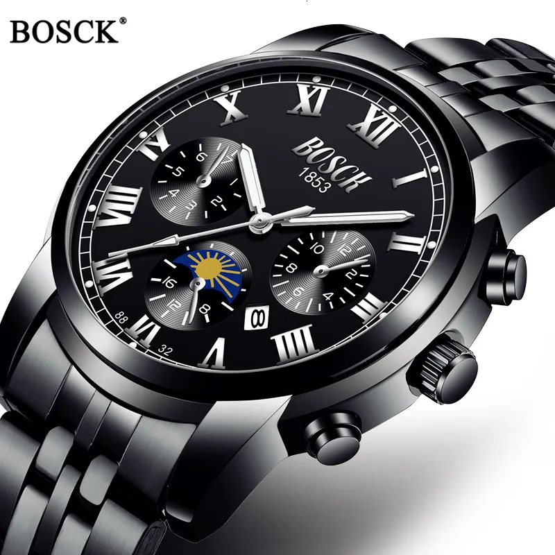 Wristwatches BOSCK Brand Luxury Men Watches Sport Quartz Waterproof Classic Mens Stainless Steel Band Auto Date 230905