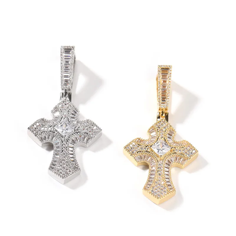 Hip Hop Iced Out Zircon Ladder Square Zircon Cross Pendant Necklace Gold Silver Plated Mens Bling Jewelry Gift