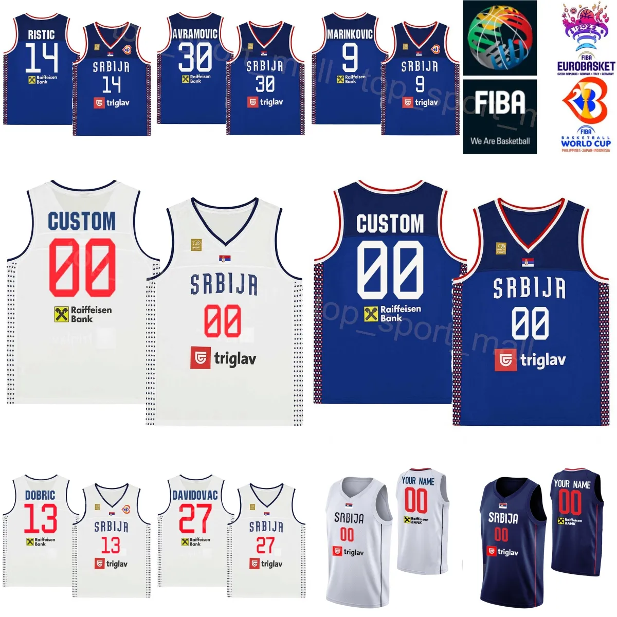 Gedrucktes World Cup Serbien Basketball 13 Ognjen DOBRIC Trikot 23 Marko GUDURIC 14 Dusan RISTIC 30 Aleksa Avramovic 27 DEJAN DAVIDOVAC 51 Boban Marjanovic Marineweiß