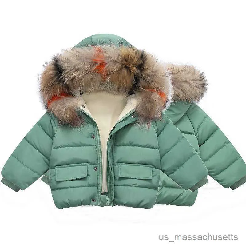 Down Coat 2023 Autumn And Winter New Baby Light Hooded Cotton Jacket Plush Real Collar Down Jacket For Children 3-5-6-8 Year R230905