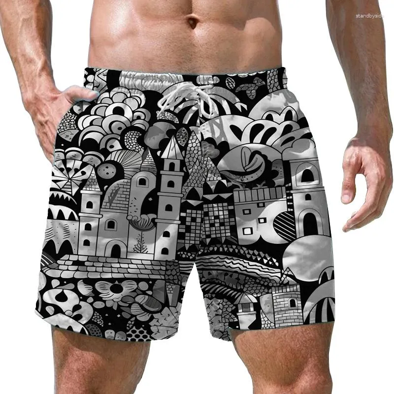 Men's Shorts Black And White House 3D Printed Board Loose Casual Summer Beach Vacation Quick Drying