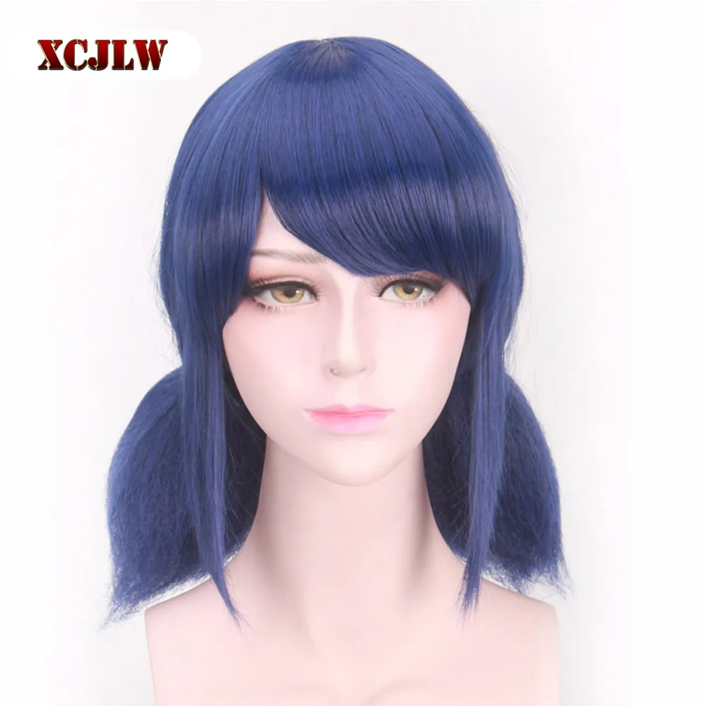 Perruques Cosplay XCJLW LB perruques Peluca Marinette filles femmes Cosplay Double queue de cheval tresses courtes droites cheveux bleus 230904