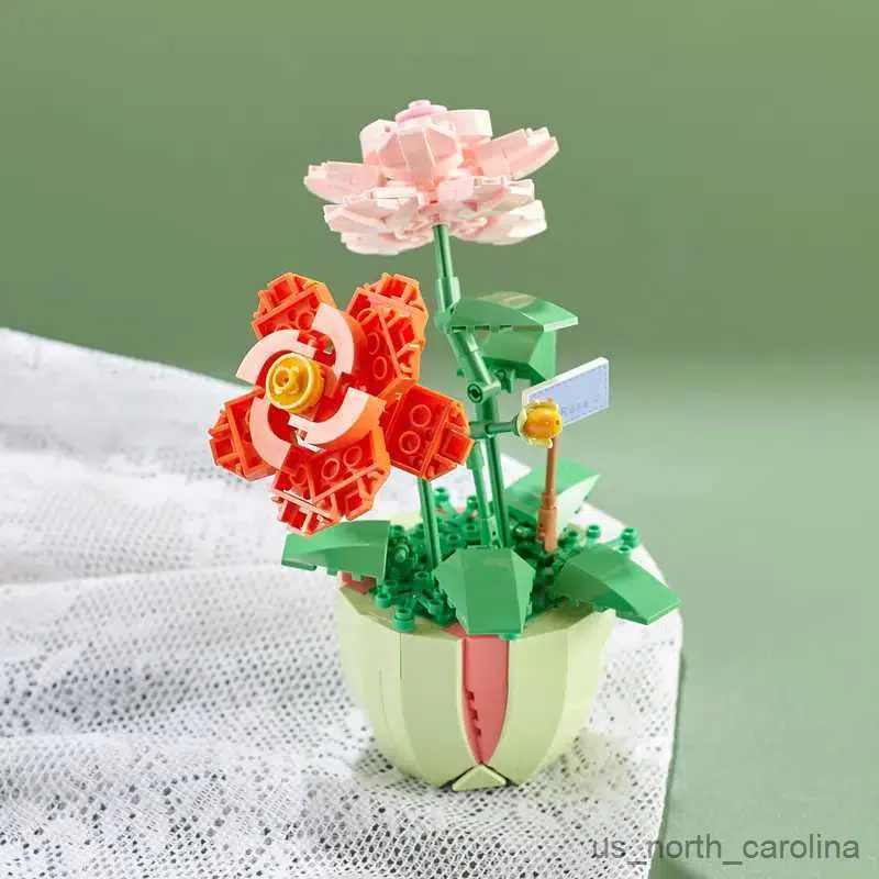 Blocks Building Block Bouquet Model Home Decoration Plant Potted Chrysanthemum Rose Flower Assembly Brick Toy For Gril Gift R230905