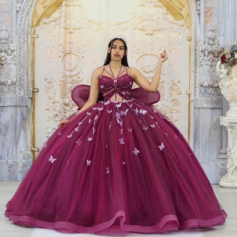 Glittrande rödbrun fjäril quinceanera klänningar pärlor båge off-shoulder vestidos de 15 anos party prom prinsessan klänning