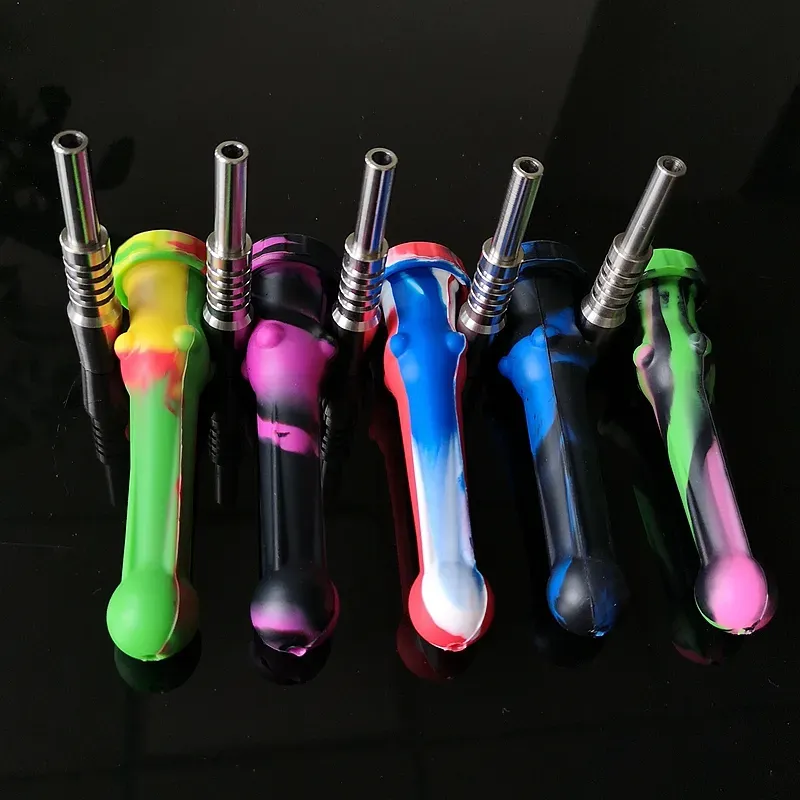 DHL Free Silicone Pipe 14mm Stainless Steel Tip Nector Collector Silicone Dab Container NC Nector Collectors Pipes Dab Straw Oil Burner Rig
