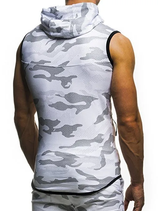 Herrväst med huva camouflage ärmlös träningströja för gym_voghion.com