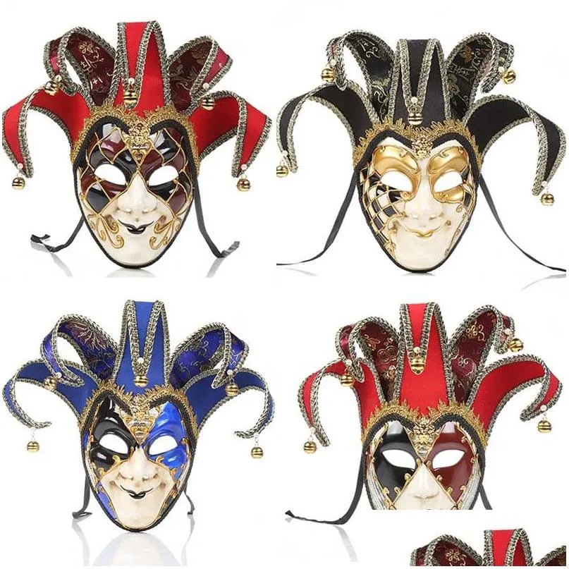 Máscaras de festa fl rosto homens mulheres veneziano teatro jester joker masquerade máscara com sinos mardi gras bola halloween cosplay traje 4 dro ot7vv