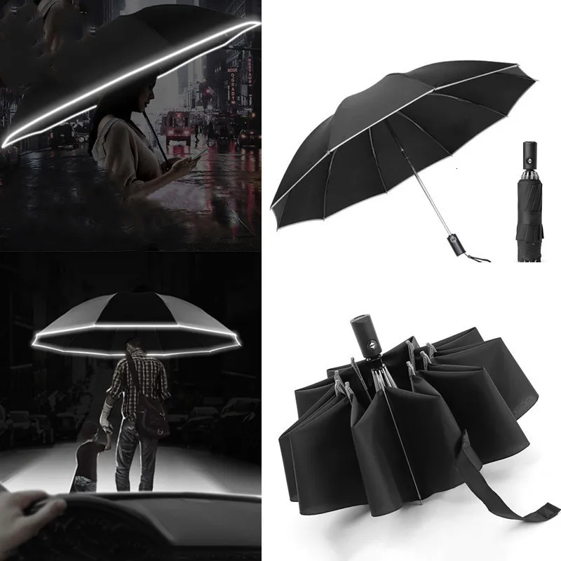 Paraplyer Automatiskt paraply med reflekterande rand Omvänd LED -ljus Academy 10 Ribs 3Folding Invertered 230905