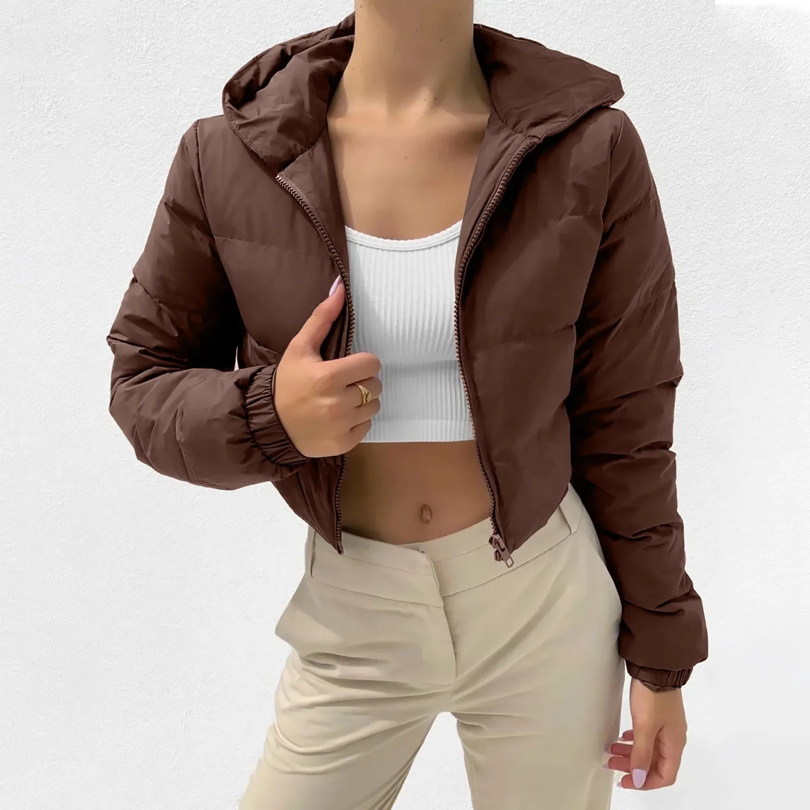 Mélanges de laine pour femmes Femmes Court Simple Couleur Unie Veste À Capuche En Peluche Fermeture À Glissière Coton Manteau Oversize Mode Féminine Chaud Vêtements D'extérieur Costumes D'hiver 230905