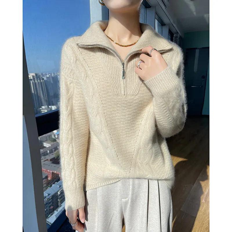 Womens Sweaters 100%Wool Winter Thickening Zipper POLO Collar Tops Pullovers Casual Long Sleeve Keep Warm Knitting Ladies Sweater 230904