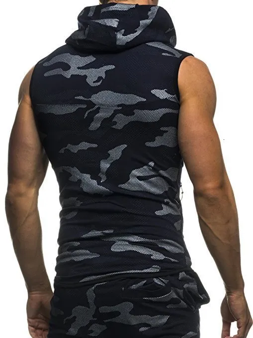 Herrväst med huva camouflage ärmlös träningströja för gym_voghion.com