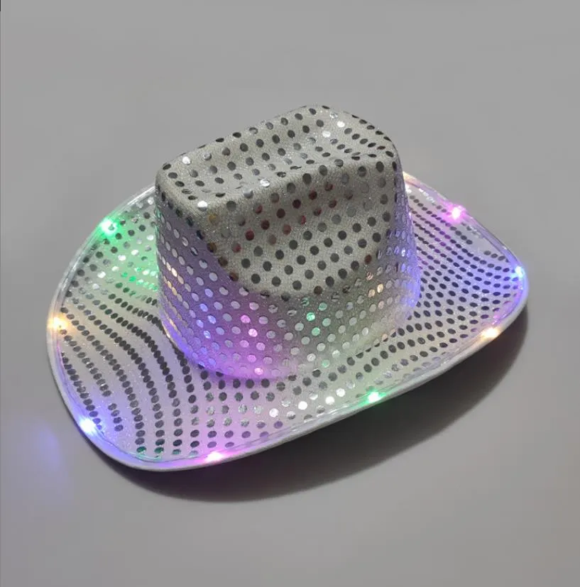 Neon Led Sparkly Cowboy Hats Light Up Sequin Wide Brim Hats Rave Shiny Cowgirl Party Disco Carnival Costume Stage Wear