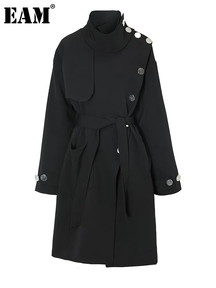 Damen Trenchcoats EAM Damen Schwarzer Knopf Große Größe Lange Stehkragenärmel Windjacke Mode Frühling Herbst 1DF3286 230904