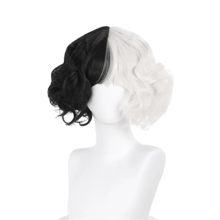 قبعات الحفلات فيلم Cruella شعر مستعار قصير لجميع القديسين Cosplay Women Black White Haintetic Hair Cap205i