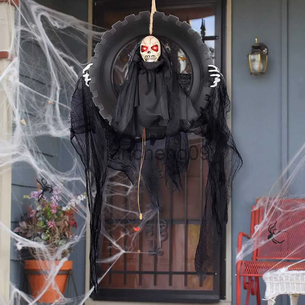 Décoration de fête parlant en mouvement tête de squelette faucheuse dans pneu balançoire accessoire décoration tête de crâne suspendue décorations d'Halloween en plein air x0905