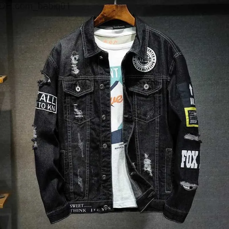 Мужские куртки мужски бренд джинсовая куртка уличная одежда панк панк мотоцикл разорванные печатные ковбойские пальто высококачественные повседневные дыры свободные мужские джинсы Outwear T230905