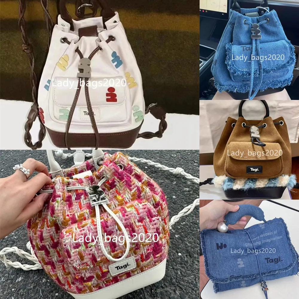 Рюкзак Tagi Bag Mark Bags Роскошные плетеные дизайнерские карманы из воловьей кожи с жемчужным ведром Мини-женские дорожные кошельки на шнурке Рюкзаки через плечо Сумка через плечо 2 размера