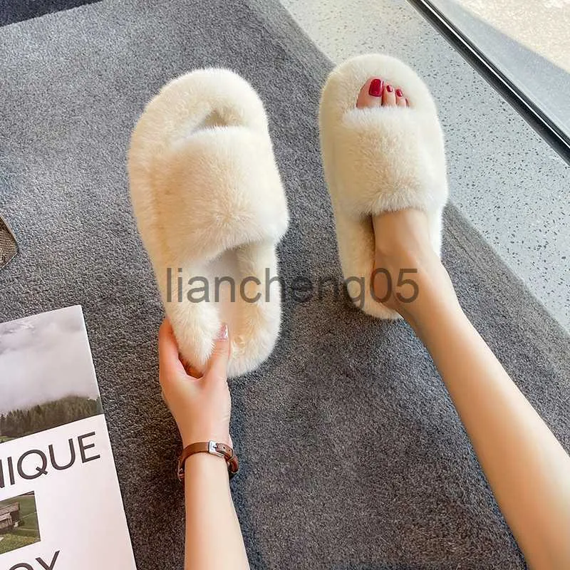 Slippers Slippers Casual Shoes Big Size Flock Platform Slides Slipers Women Fur Flip Flops Low Luxury Flat Massage 2023 Plush Basic Fabri X0905