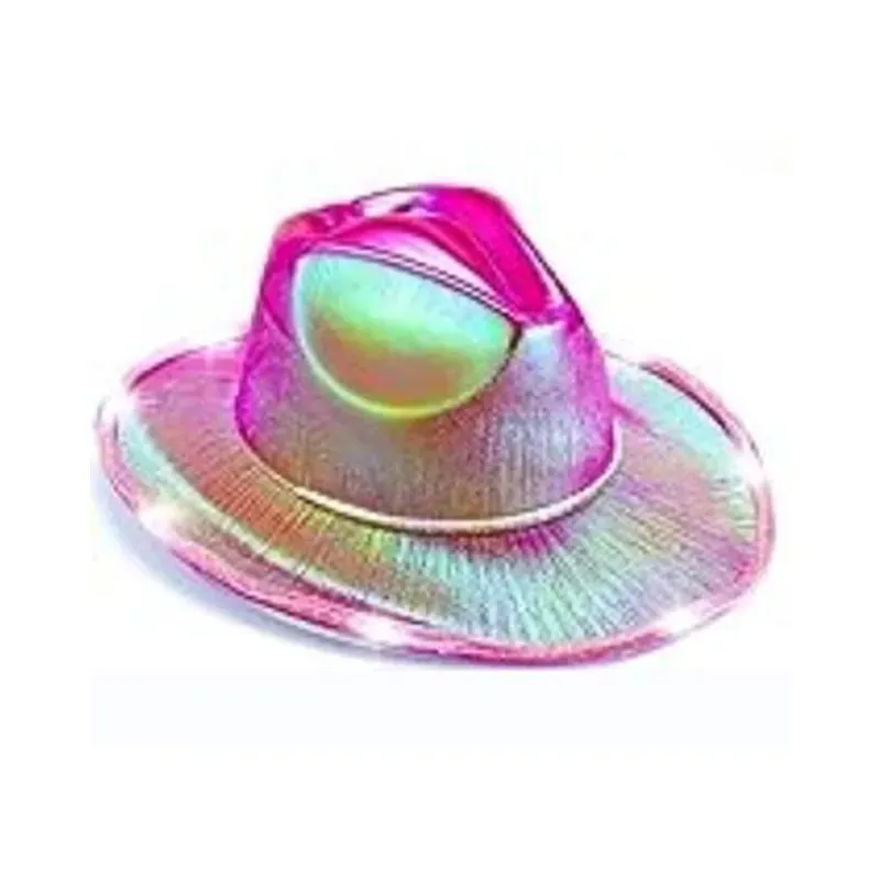 LED White Light Up  Hats Neon Cowgirl Hat Holographic Rave Fluorescent Hats With Adjustable Windproof Cord For Halloween Costume Accessories