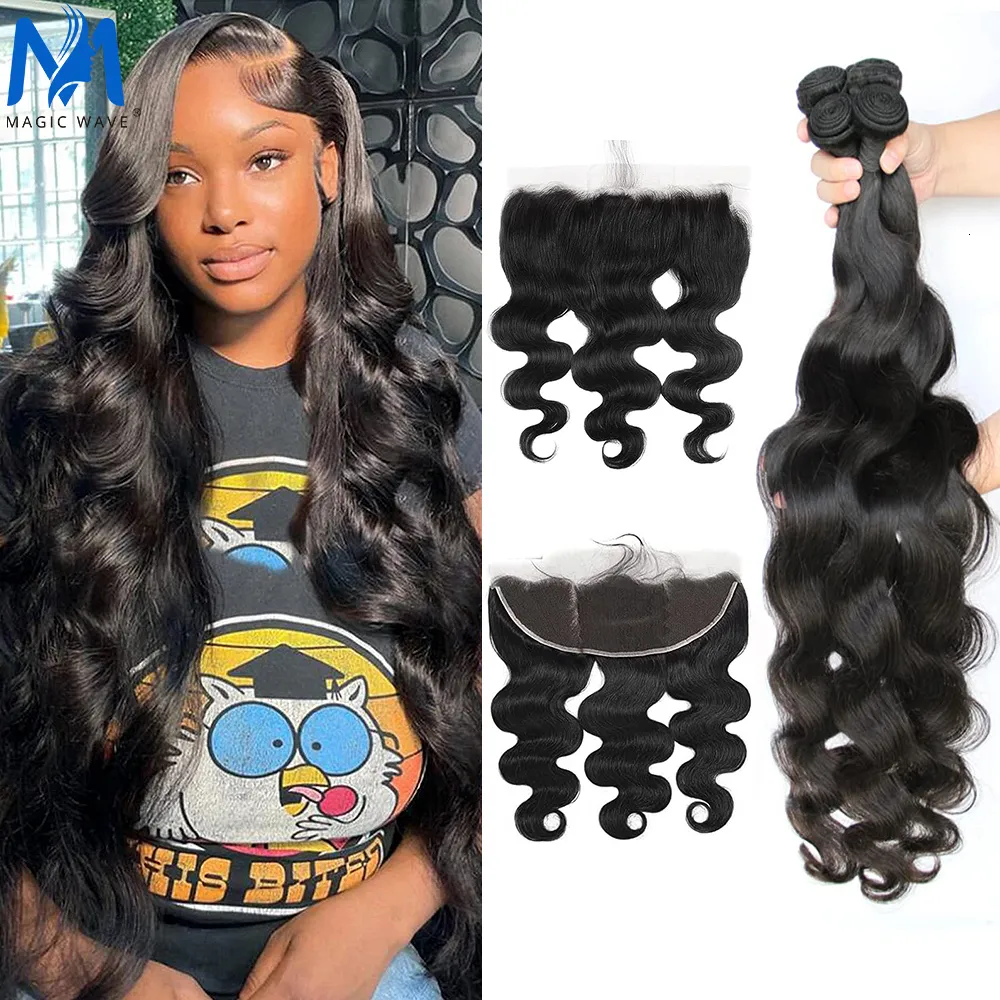 Parrucche sintetiche Bundel rambut manusia gelombang tubuh 32 38 40 inci dengan 13x4 Remy Brasil Frontal renda transparan untuk WANITA HITAM 3 4 bundle 230905