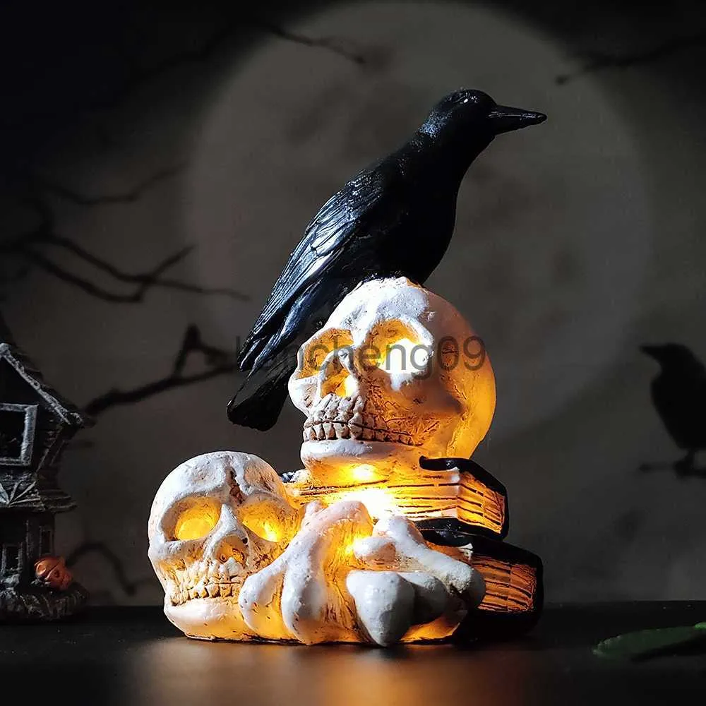 Décoration de fête Halloween Glowing Crow Crâne Lampe LED Lumières Effrayant Corbeau Corbeau Sur Crâne Statue Halloween Bar Décoration de La Maison Horreur Accessoires x0905 x0905