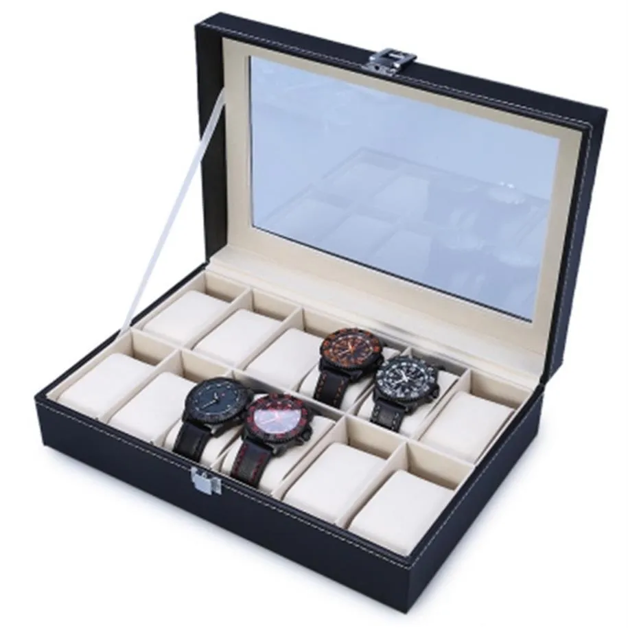 2019 hochwertiges Pu-Leder 12 Slots Armbanduhr Display Box Aufbewahrungshalter Organizer Uhrengehäuse Schmuck Display Uhrenbox T190618280U