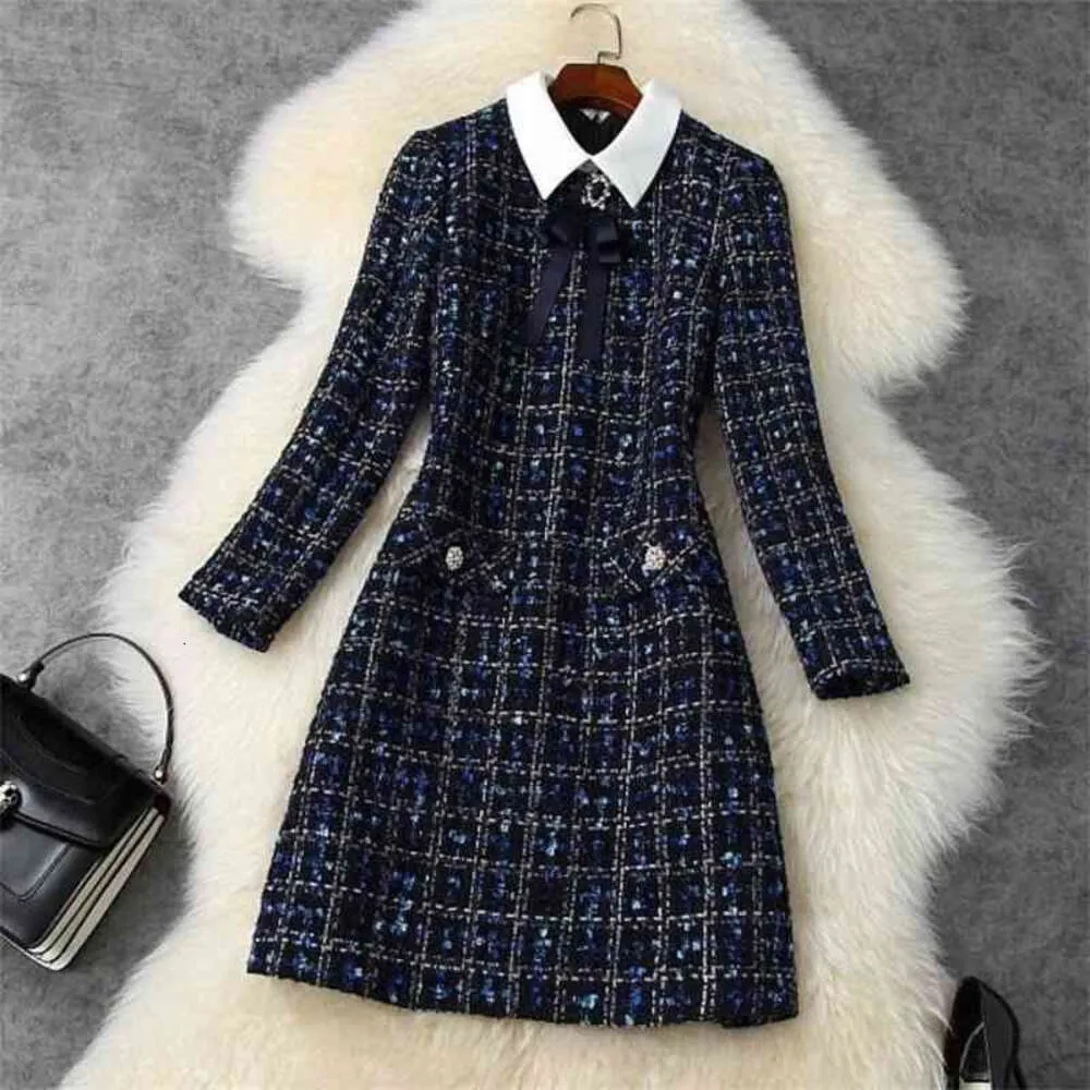 Designers de passarela moda turn down colarinho bowknot xadrez tweed vestido de lã outono inverno mulher roupas casuais vestidos