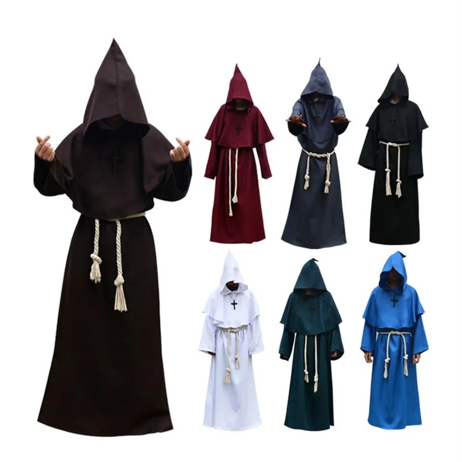 Medeltida dräkt män kvinnor vintage renässans munk cosplay cowl friar präst huva mantel rep kappa cape klädstorlekar-xl250i