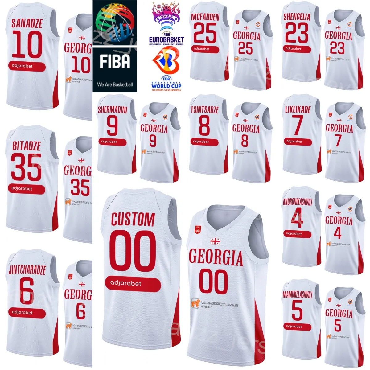 Stampa Coppa del Mondo 2023 Georgia Maglie da basket 10 Duda Sanadze 6 Kakhaber Jintcharadze 9 Giorgi Shermadini 8 Giorgi Tsintsadze 7 Luka Liklikade 35 Goga Bitadze Man