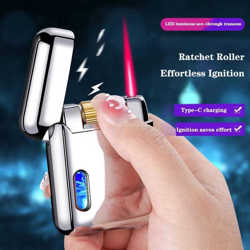 New Creative LED Luminous Visible Transom Rechargeable Windproof Inflatable Lighter Roller Ignition Red Flame Men's Gift BZ0Q