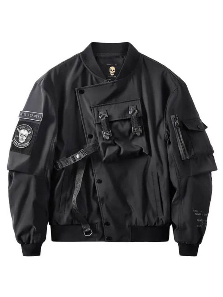 Mens Ceketler Ölüm Tanrısı Bombacı Ceket Göğüs Cep Teknik Giyim Erkekler Punk Hip Hop Taktik Sokak Giyim Siyah Varsity Büyük boyutlu MA1 Katlar 230904