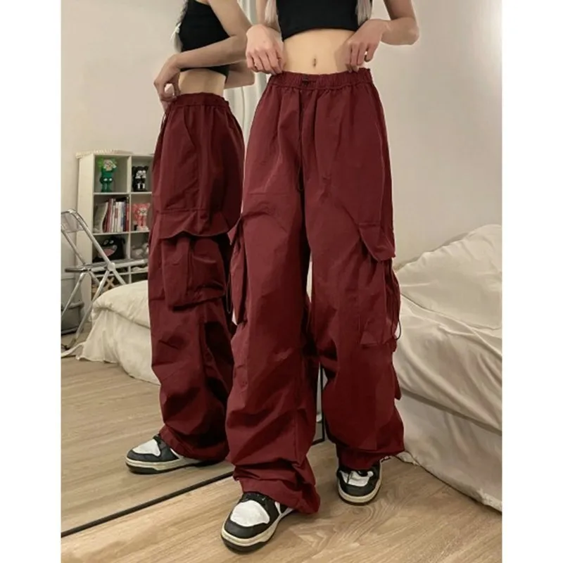 Kadın Pantolon Capris Kırmızı Kargo Kadın Retro Giyim Gündelik Baggy Düz Pantolon Moda Geniş Bacak Cepleri Joggers Y2K Street Giyim 230905