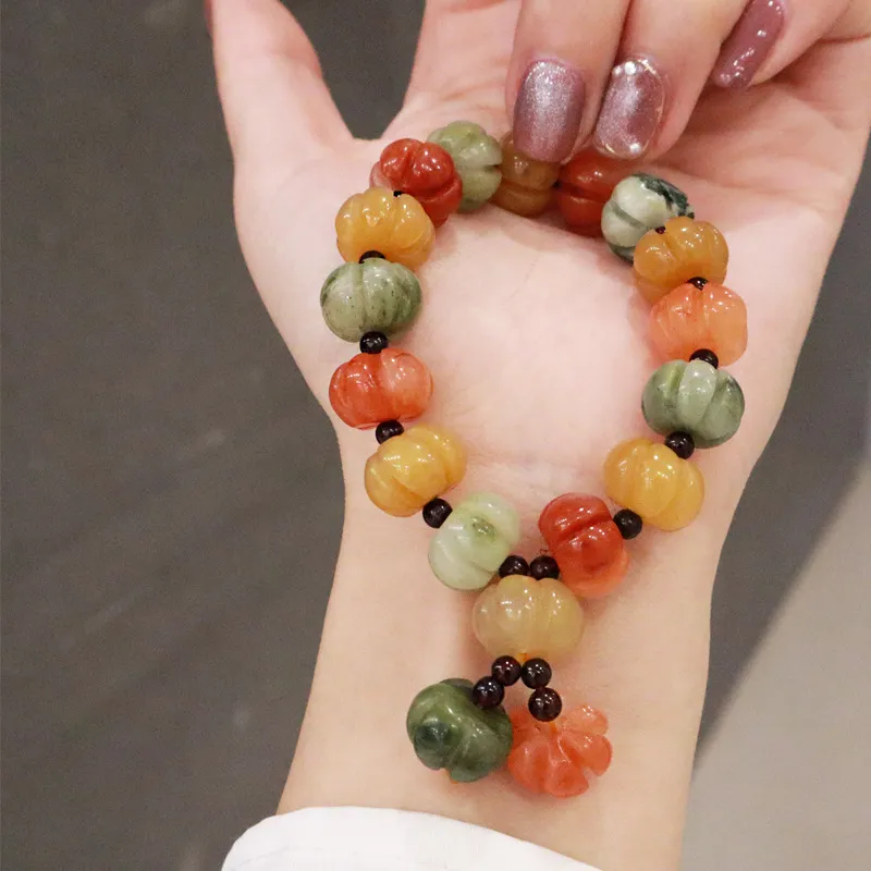 Bracelets en soie dorée naturelle pour femmes, 12mm, grenat de Jade, perles de citrouille multicolores, brins de perles, bijoux fins