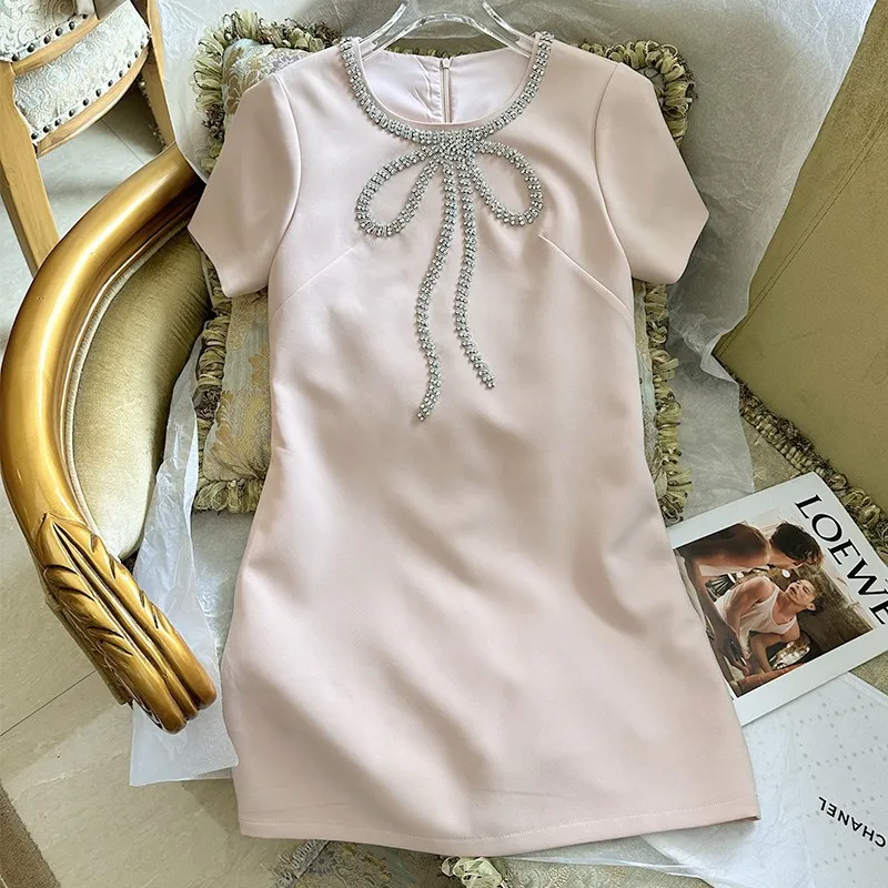 2023 Summer Pink Solid Color Dress Short Sleeve Round Neck RhinestoneKnee-Length Casual Dresses S3S01M093