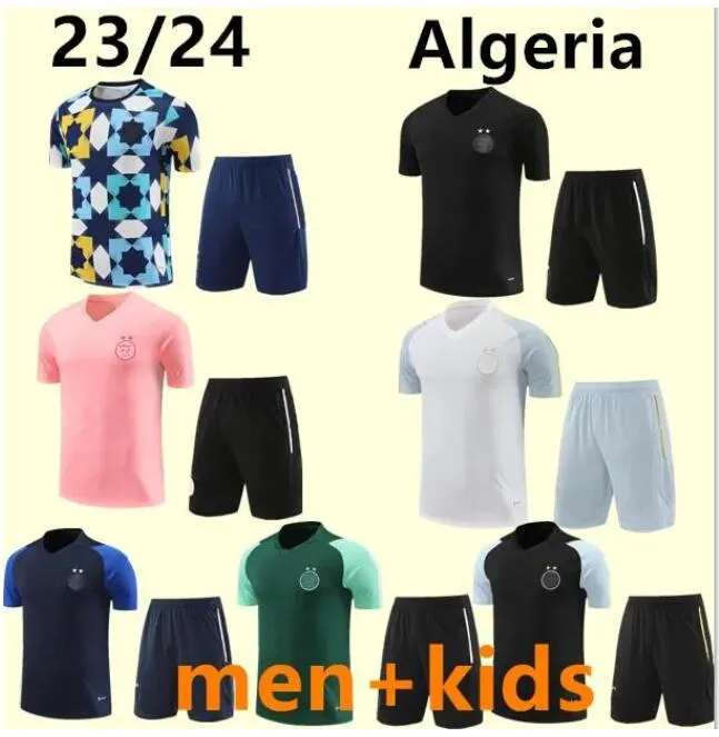 2023 2024 Algeriet Vuxen Kort ärm Tracksuit Set Mahrez Soccer Training Jerseys Men 23 24 Algerie Kids Kit Sursetement Maillot de Foot Feghoul Football