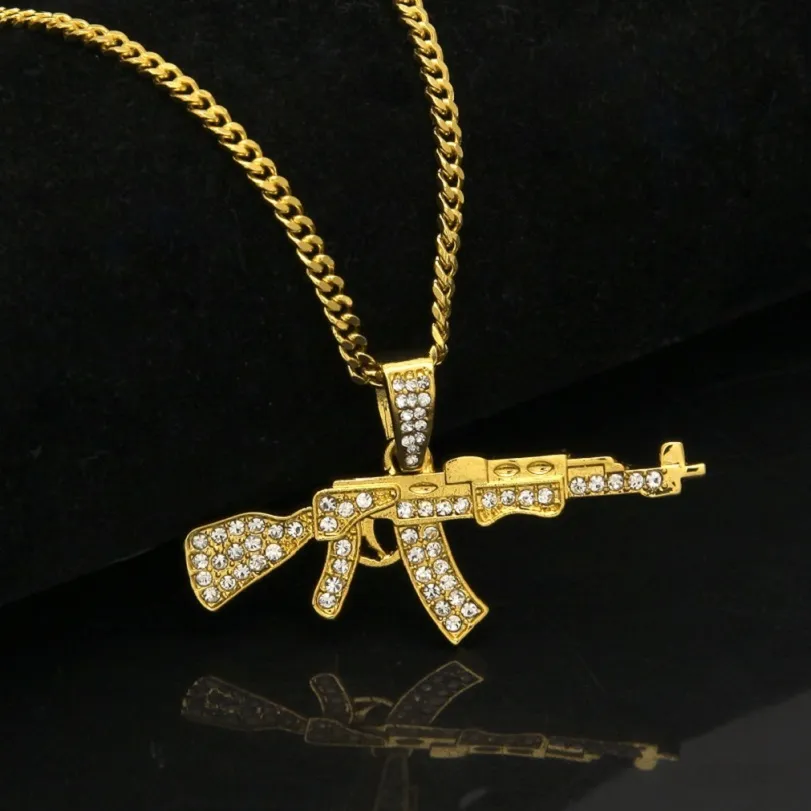 Guld Iced Out AK47 Pendant Necklace For Mens Fashion Hip Hop Jewelry Cuban Link Chain Halsband