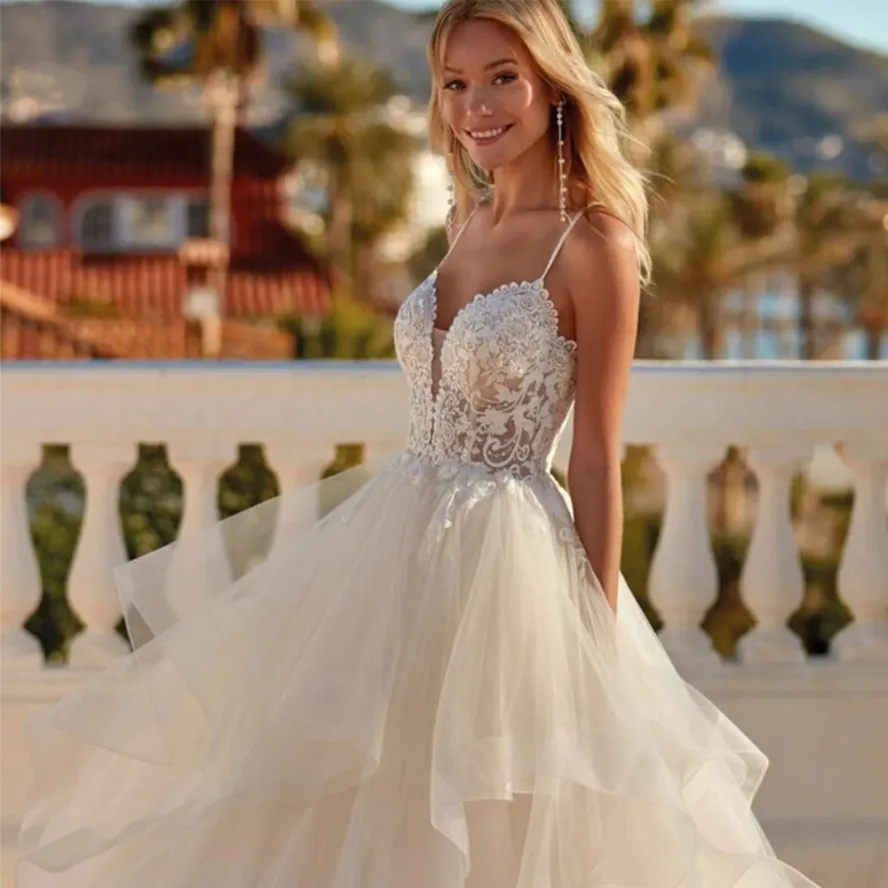 knee length dresses for ladies Spaghetti Strap Layered Tulle Wedding Dresses V-neck Tiered Bridal Gow –  Viniodress main image 0