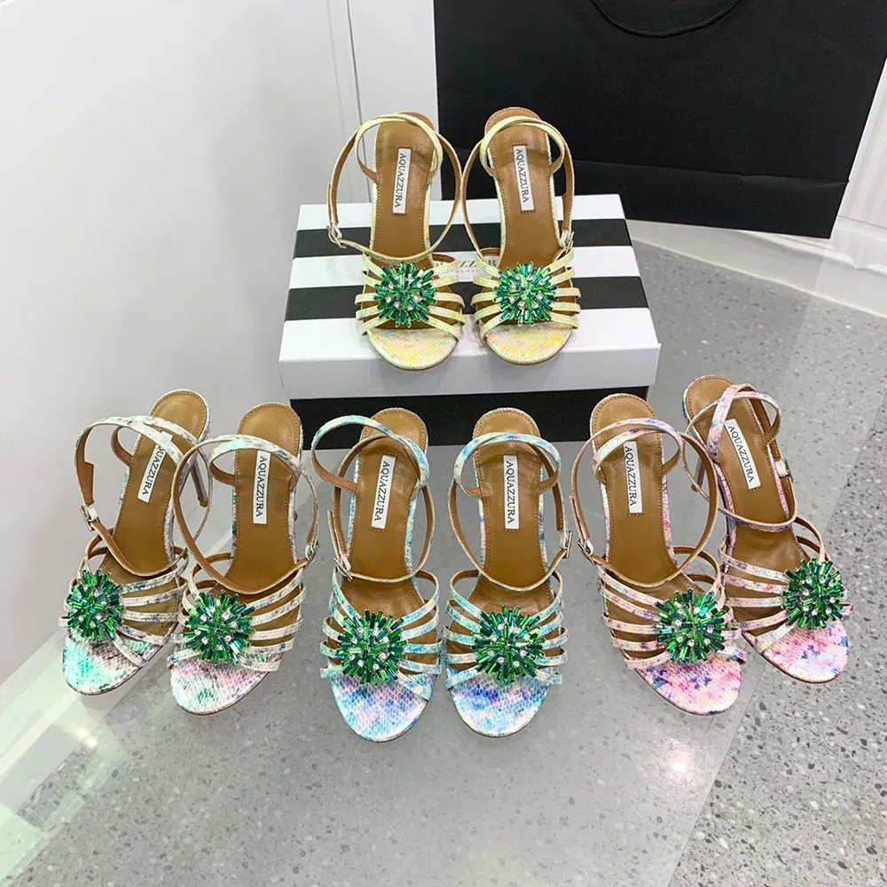 Aquazzura Printed leather Sandals Crystal Flower Embellished Ankle-Strap Heeled Stiletto Heels 10.5cm women's Luxury Designer Evening Dress shoes