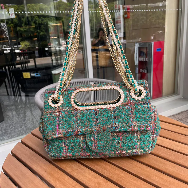 Doppelte Abdeckung Perlenkette Flip Bag Damen Messenger Bags Tweed Handtasche Patchwork Farbe Gold Hardware Schnalle Hochwertige Schultertasche Interner Reißverschluss