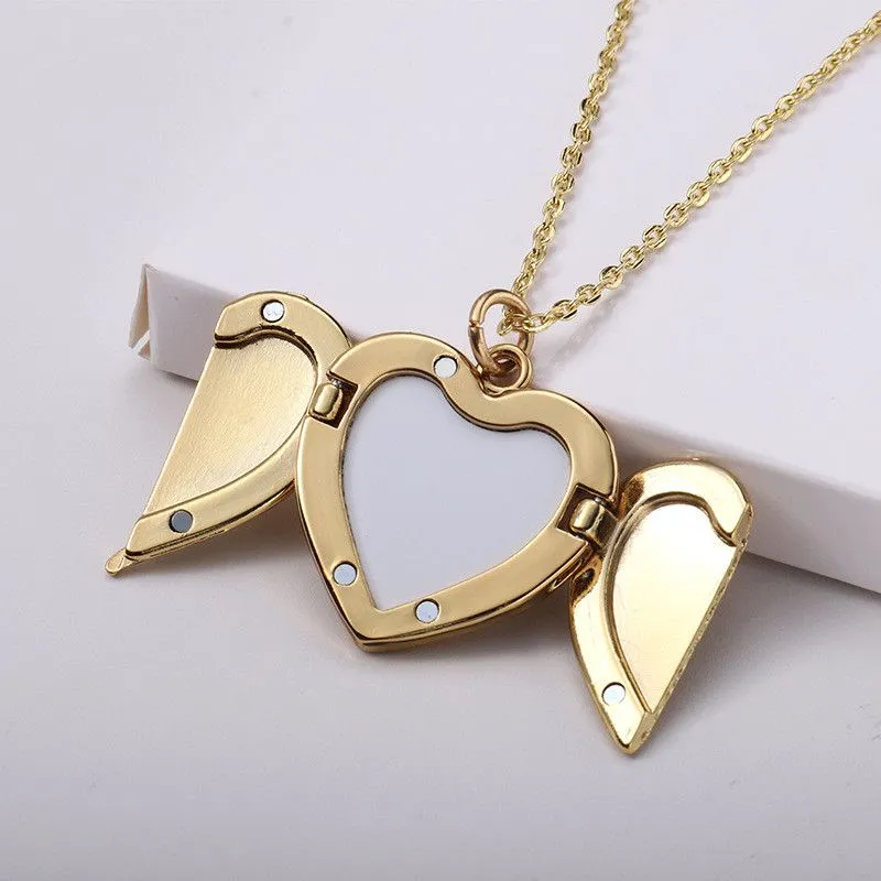 Sublimation Blanks Necklace Decorations Locket Fashion Angel Wings Hot Transfer Printing heart Shape Consumables for DIY Jewelry Making Photo Pendant Crafts