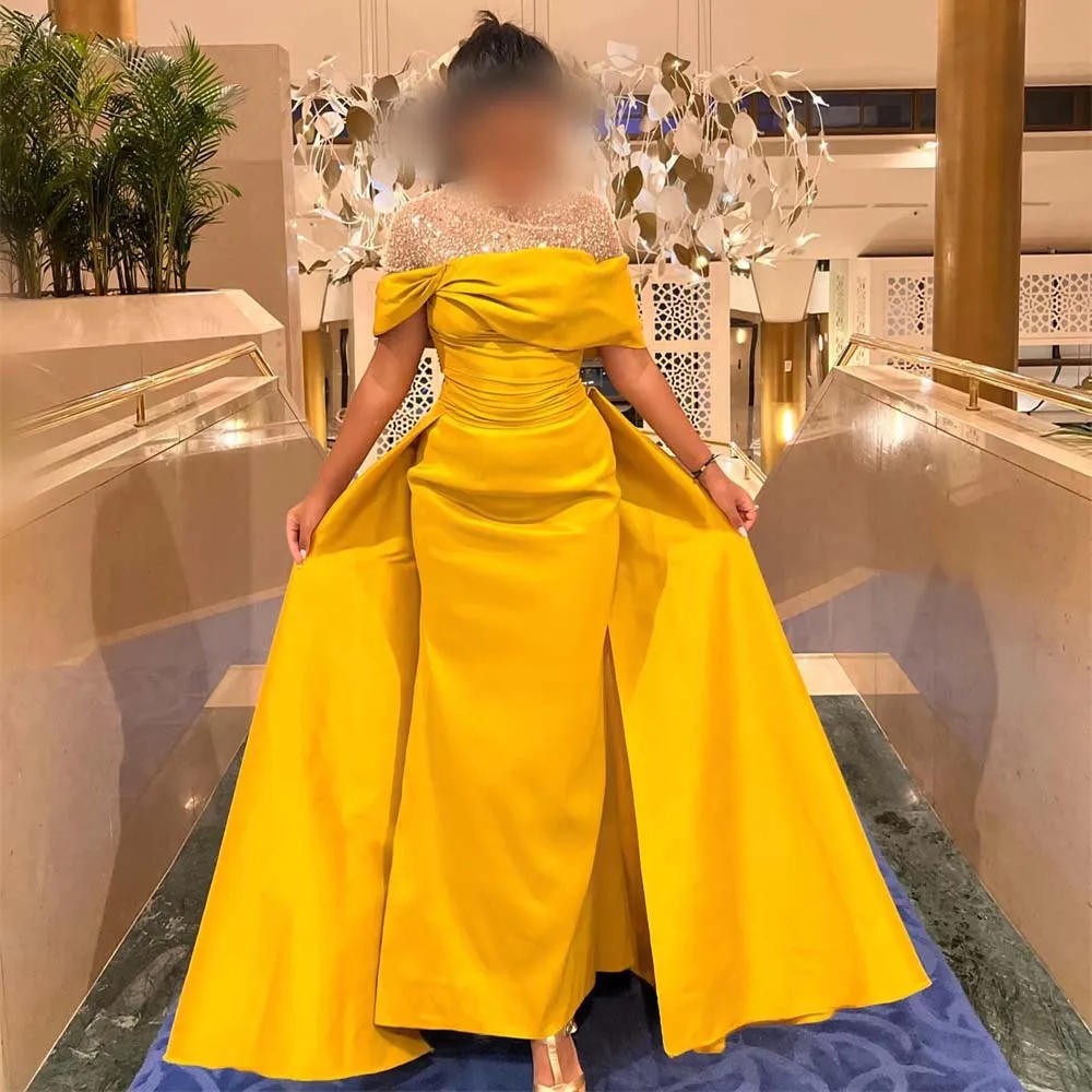 High Collar Empire Prom Dresses Overskirt Pleat Ankle Length Evening Party Dress Sequin Satin Ruched Arabic Dubai Abendkleider Robe De Novia 326
