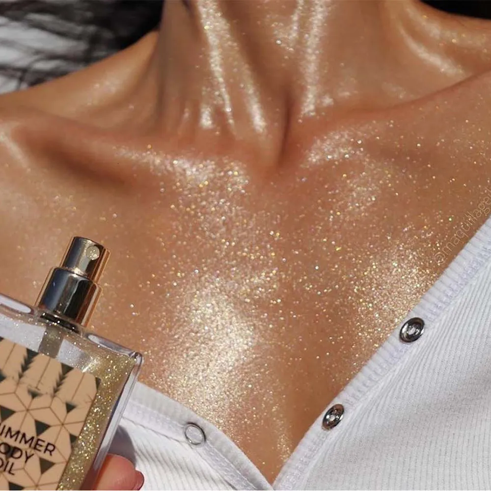 Glitter per il corpo 50ml Gold Glow Shimmer Oil Liquid Face Highlighter Cream Fondotinta per la pelle Primer Evidenziare il trucco cremoso 230904