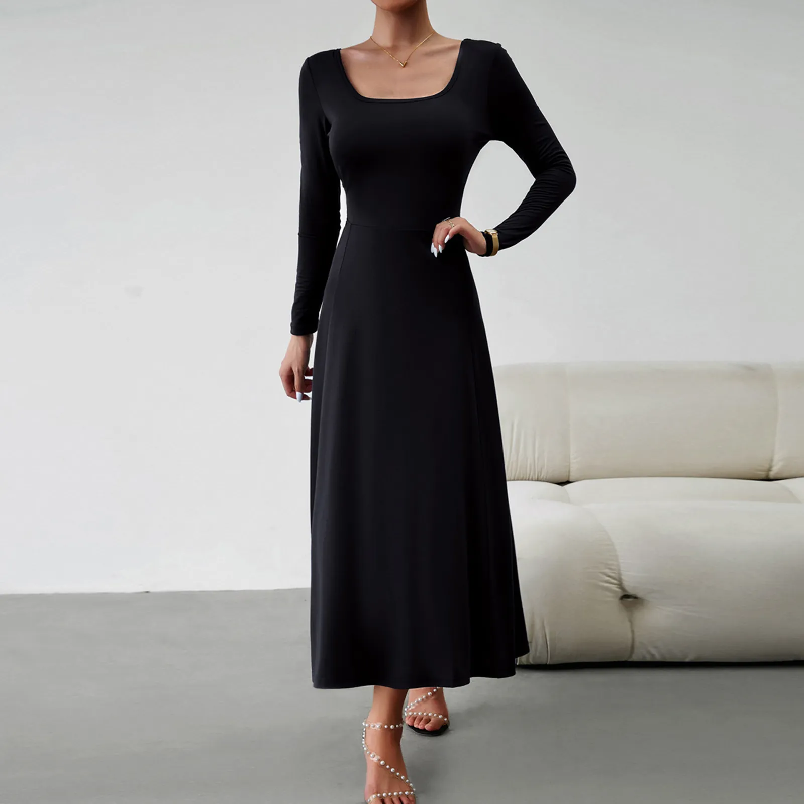 Elegant Women's Long Sleeve Maxi Dress - Casual Square Neck Solid Color  Holiday Beach Dress, Gentle Elastic, Flowing Vestido - Buy Now! from Dhgate  Basic & Casual Dresses - price 84.08